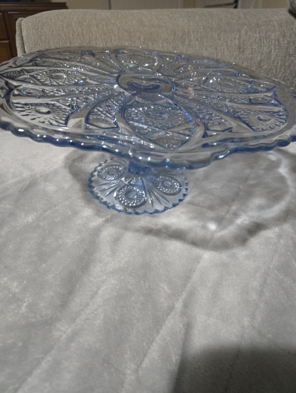 Imperial Glass Blue Pressed Glass Cake Stand